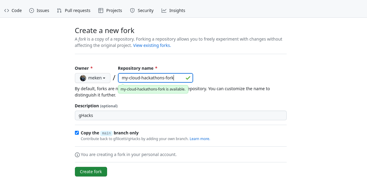 Screenshot for naming the fork